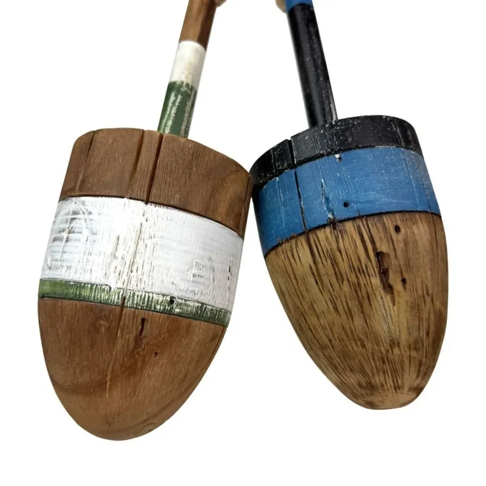 Rustic Wooden Buoy Set of 2 Nautical Wall Decor Striped Rope Hangers 15 In
